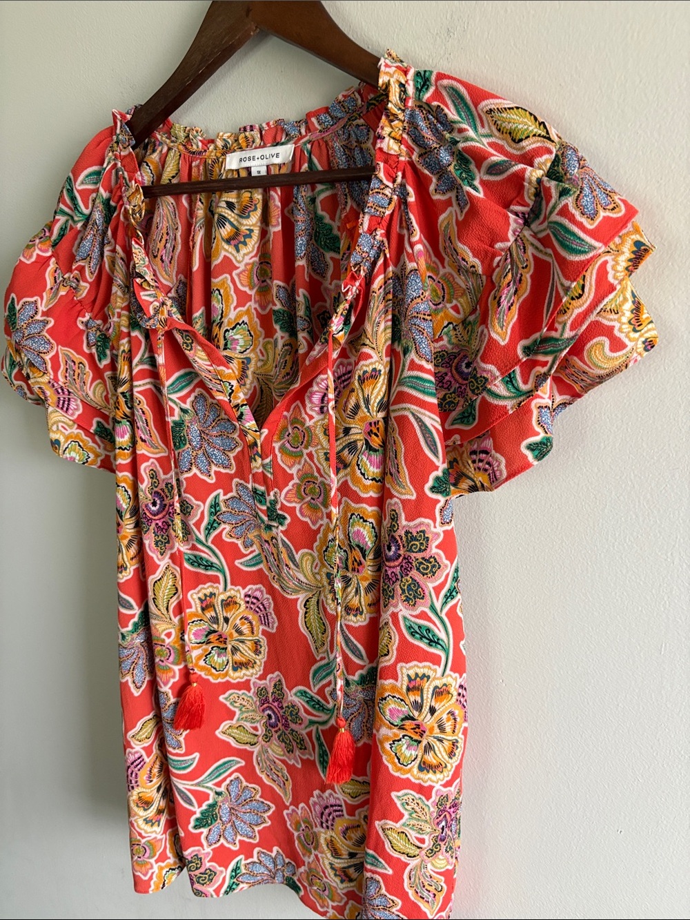 Rose + Olive 1X Coral Floral Flutter Sleeve Boho Blouse Tassel Tie - Picture 3 of 6